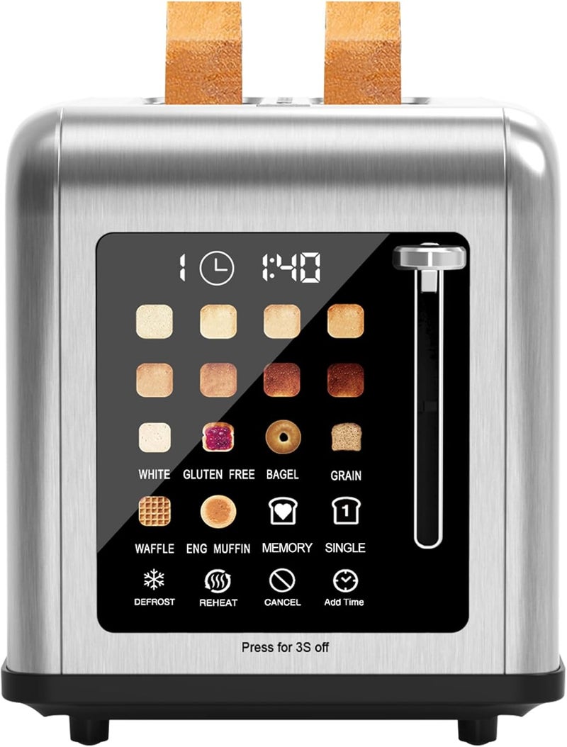 Clixane 2 Slice Toaster Touch Screen, Stainless Steel Toasters Digital Timer 2 Slot Toasters, 8 Shade Settings 6 Bread Types for Bagel, Cancel, Defrost（Stainless Steel） - Image 1